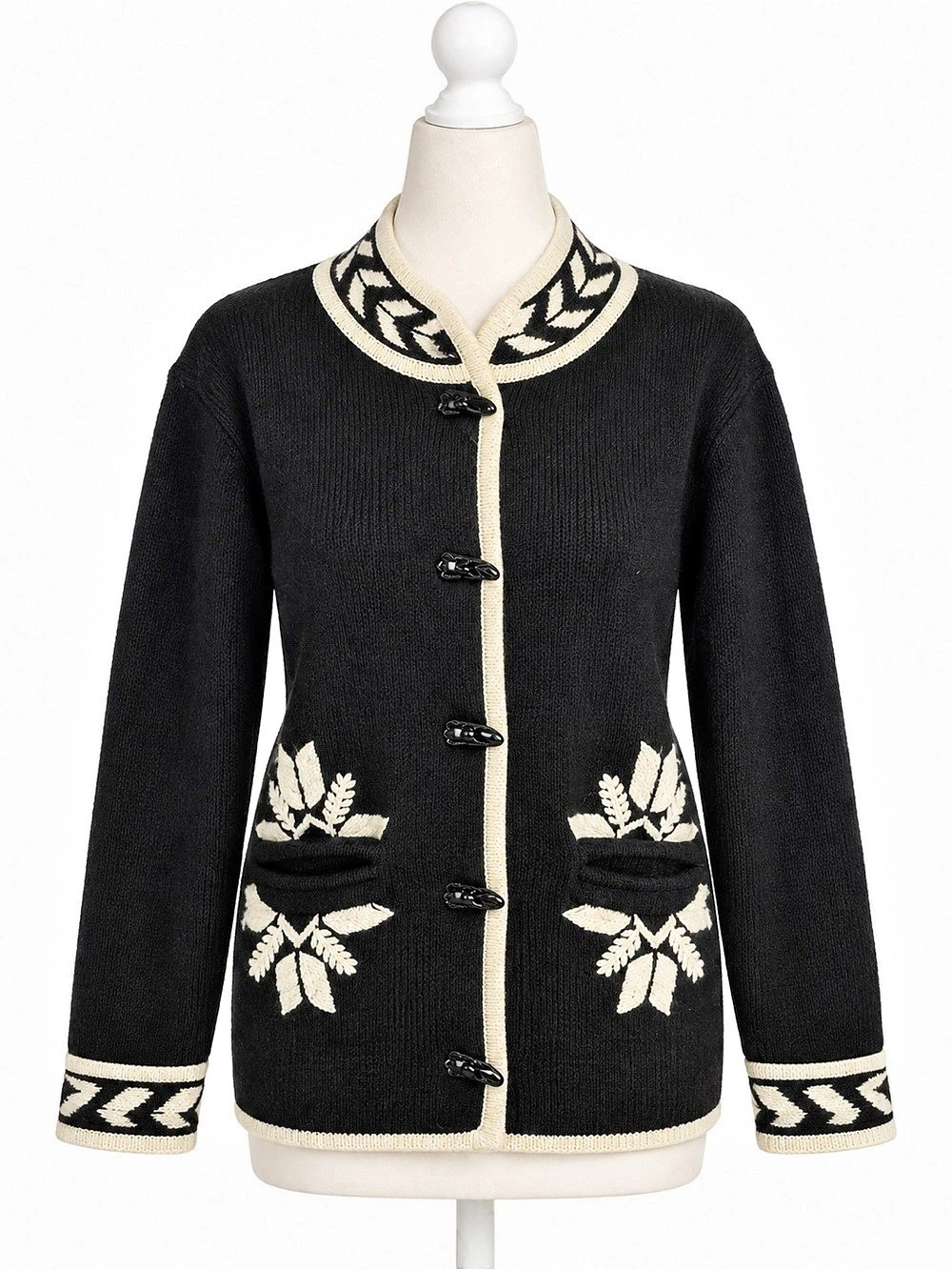 WondraWool Knitting Needles Wool Cardigan L Black White Nordic Fair Isle Vintage